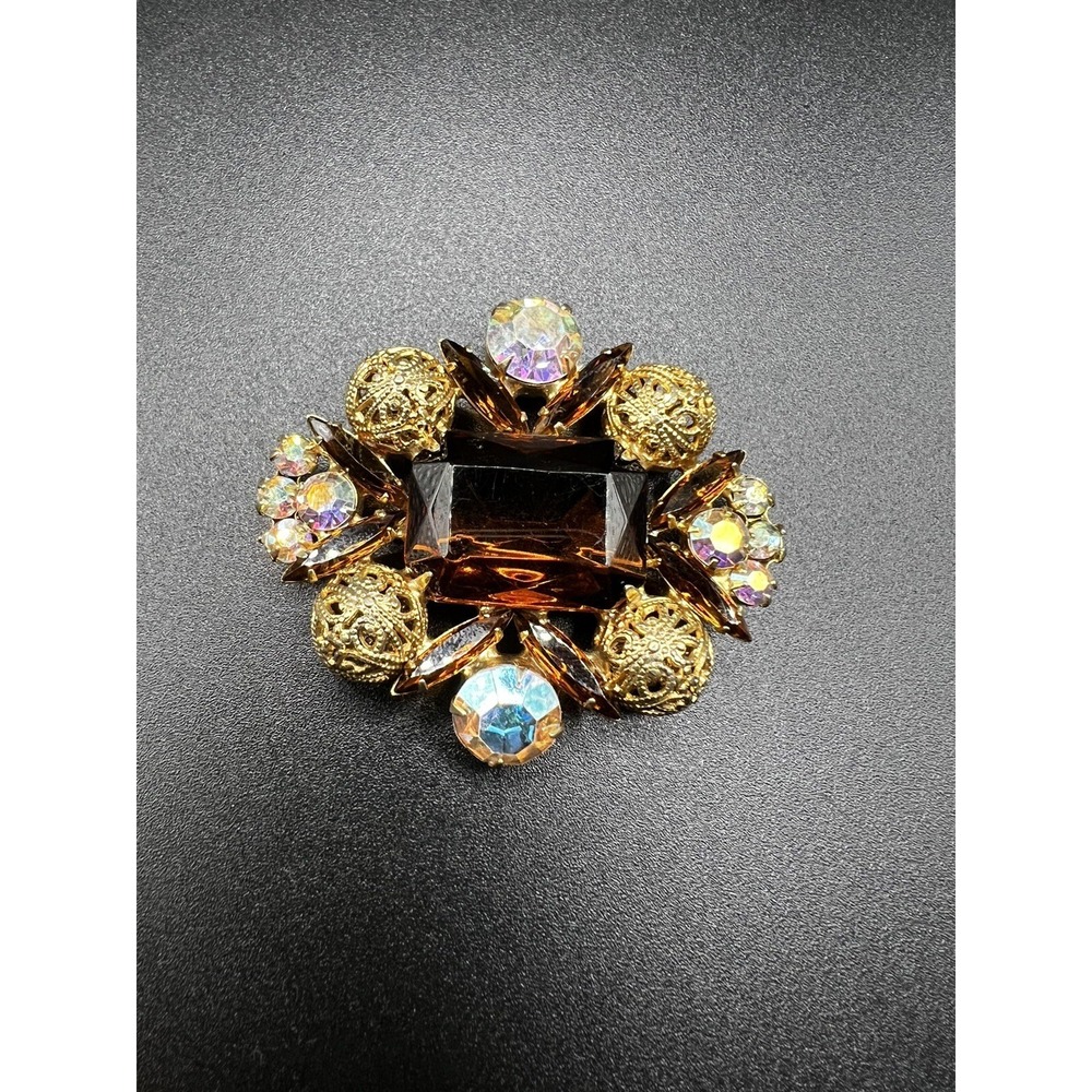 VINTAGE VERIFIED JULIANA D&E‎ TOPAZ & AB RHINESTONE FILIGREE PIN/BROOCH
